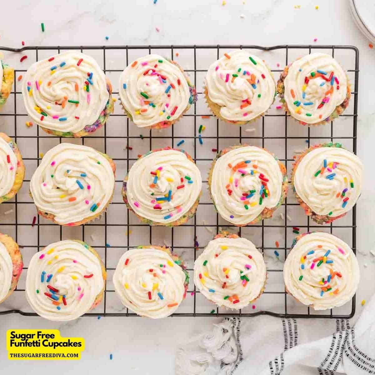 Sugar Free Funfetti Cupcakes, an easy and delicious moist and colorful dessert or snack recipe made with no added sugar. Includes frosting.