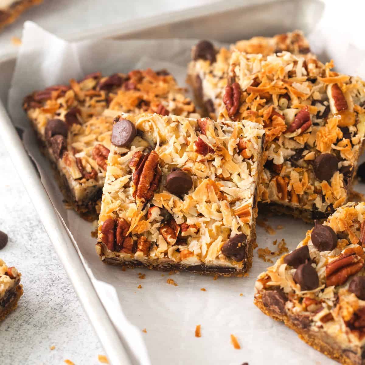 Sugar Free Magic Cookie Bars, a simple and delicious layered dessert or snack recipe made with chocolate and pecans with no added sugar.