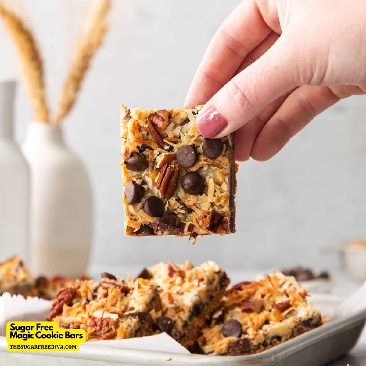 Sugar Free Magic Cookie Bars, a simple and delicious layered dessert or snack recipe made with chocolate and pecans with no added sugar.