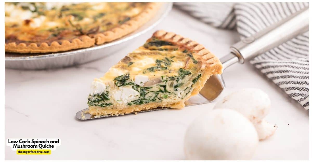 Low Carb Spinach and Mushroom Quiche, a savory and delicious breakfast or brunch egg with vegetables recipe made on a keto pie crust.