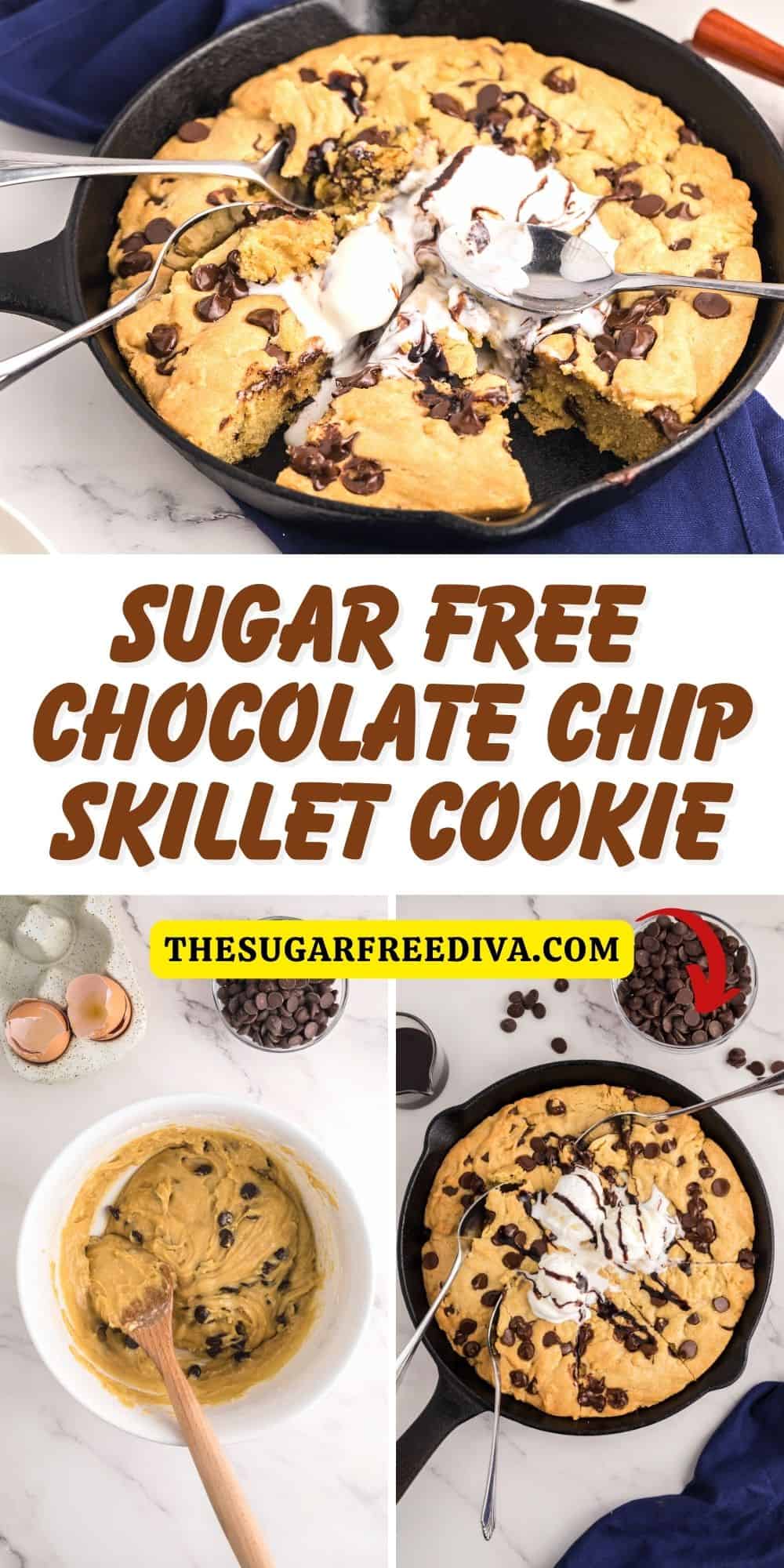 Sugar Free Chocolate Chip Skillet Cookie, a decadent and delicious dessert recipe baked in a skillet. Keto LC Option.