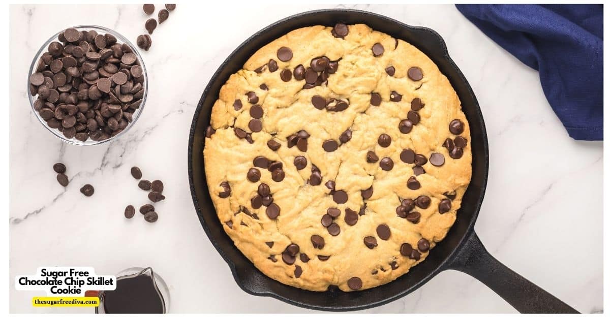 Sugar Free Chocolate Chip Skillet Cookie, a decadent and delicious dessert recipe baked in a skillet. Keto LC Option.