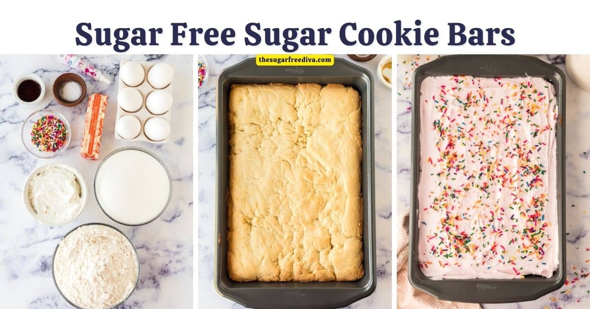 Sugar Free Sugar Cookie Bars, a delicious and easy recipe for soft and chewy frosted dessert bars made with no added sugar.