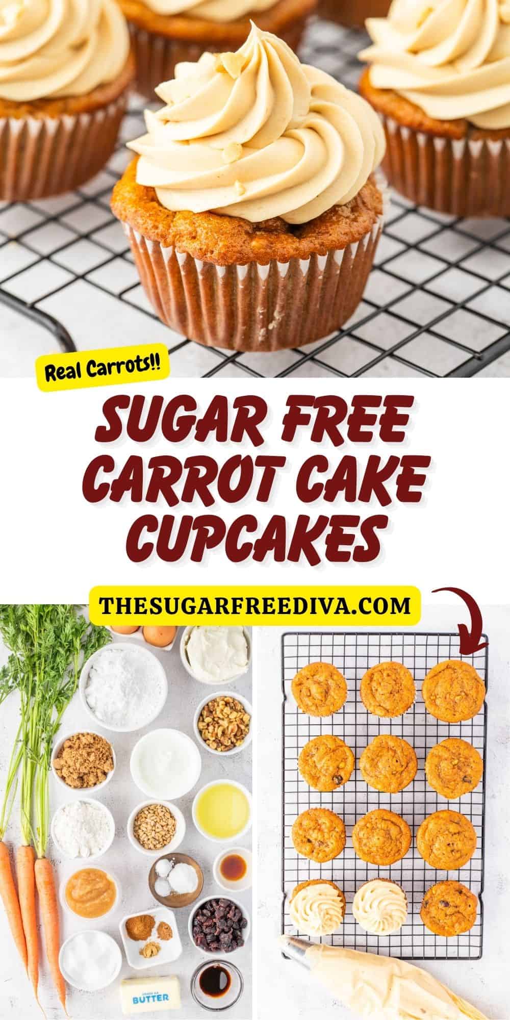 Sugar Free Carrot Cake Cupcakes, a delicious dessert or snack recipe made with grated carrots, spices, yogurt, and no added sugar.