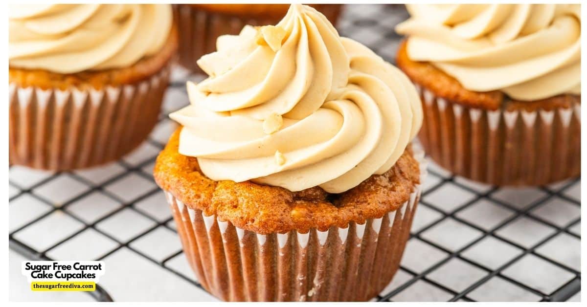 Sugar Free Carrot Cake Cupcakes, a delicious dessert or snack recipe made with grated carrots, spices, yogurt, and no added sugar.