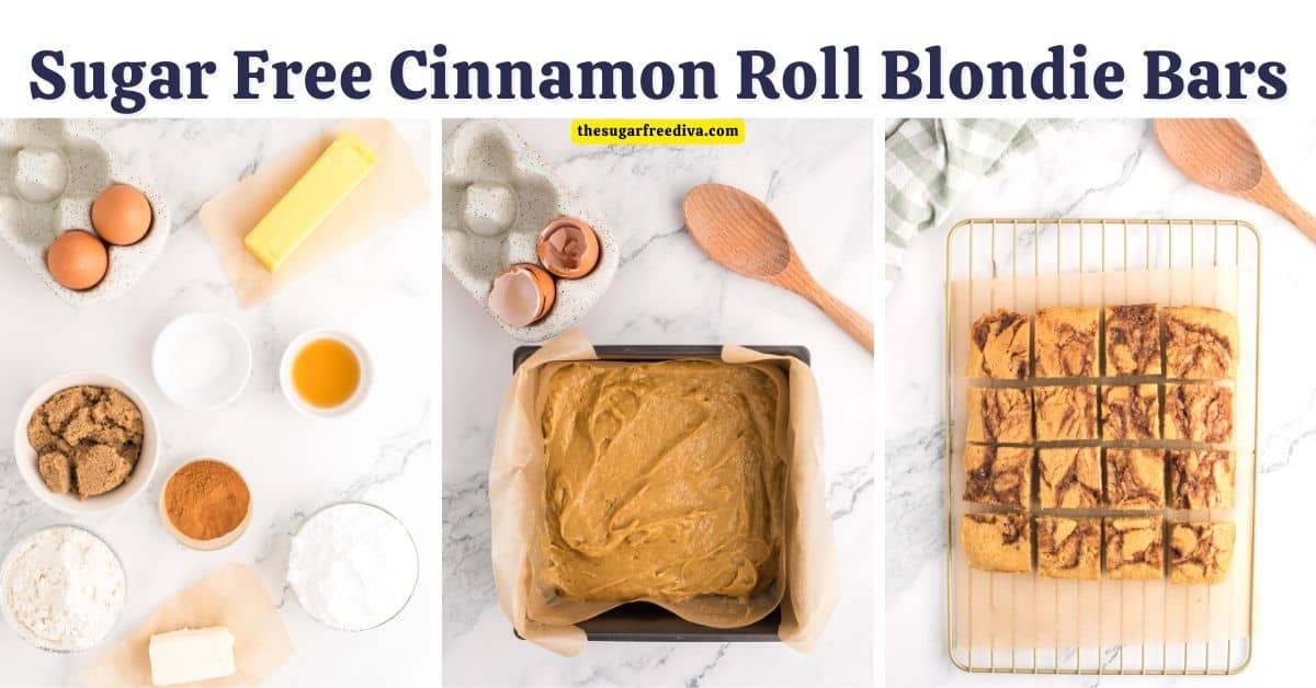 Sugar Free Cinnamon Roll Blondie Bars, a simple and delicious dessert or brunch recipe    topped cream cheese frosting, with no added sugar.