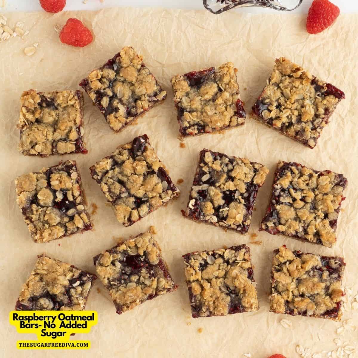 Raspberry Oatmeal Bars- A simple and delicious dessert bar recipe made with oats and raspberry preserves with no added sugar.