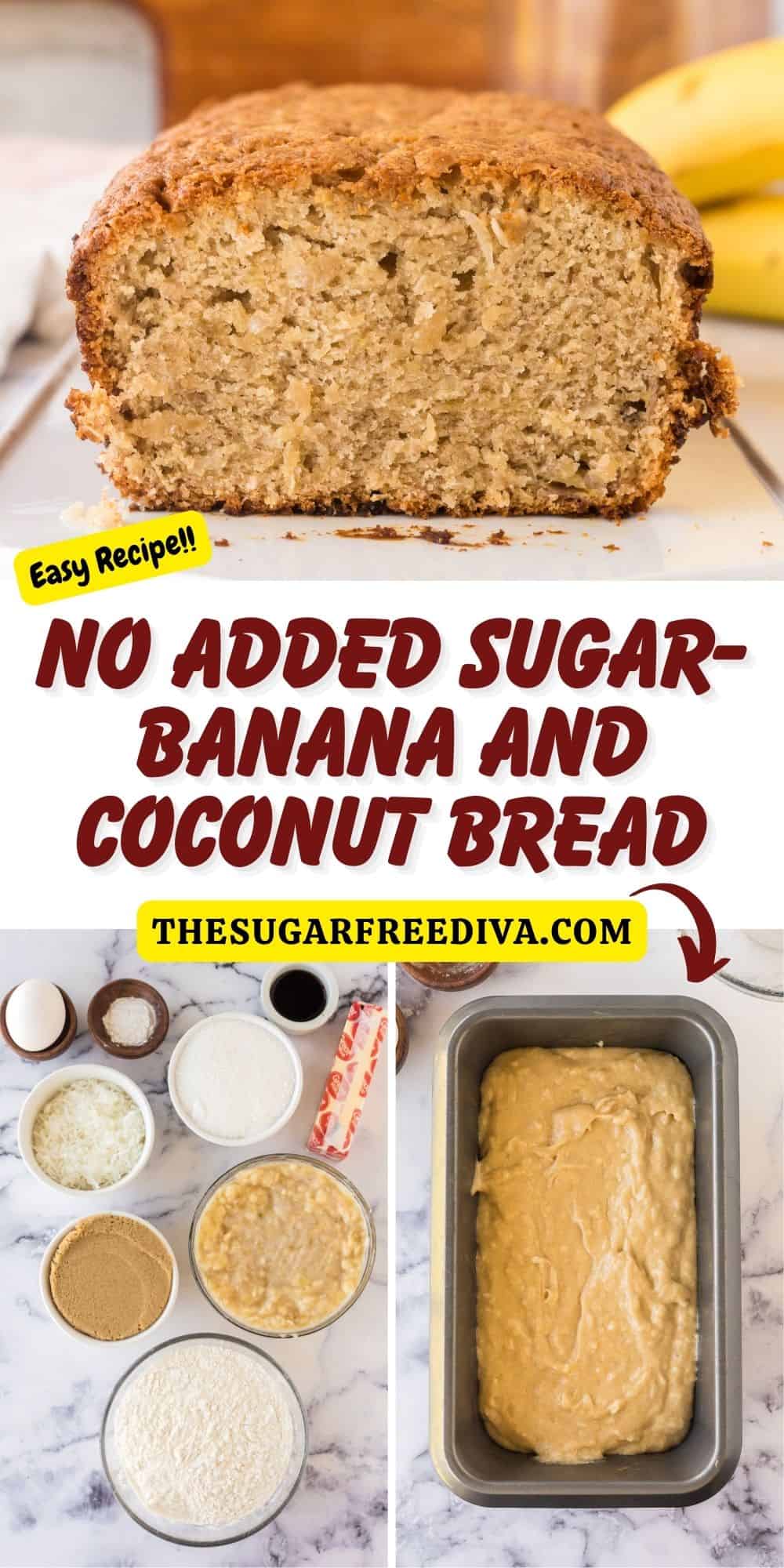 No Added Sugar- Banana and Coconut Bread, a simple and delicious recipe made with bananas and no added sugar. breakfast, brunch, or sandwich.