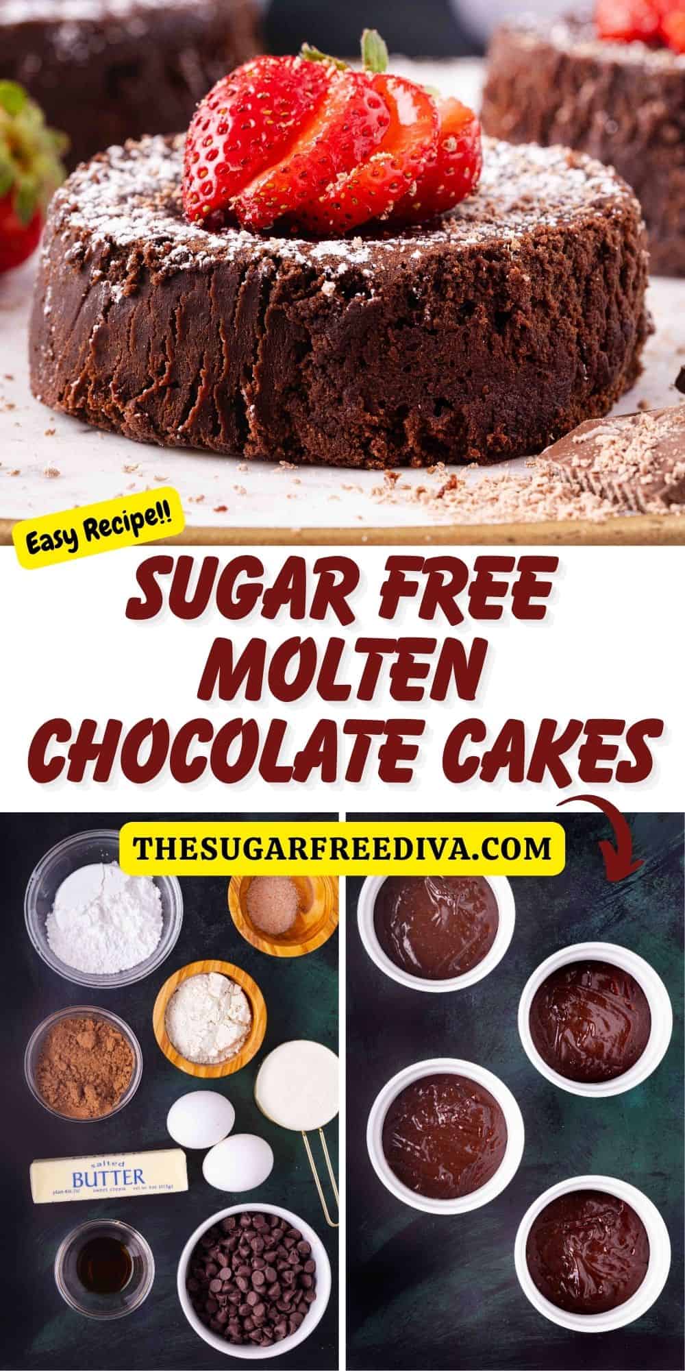 Sugar Free Molten Chocolate Cakes, a simple and decadent dessert recipe  made with unsweetened cocoa and no added sugar.