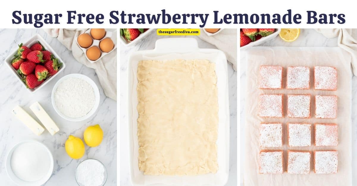 Sugar Free Strawberry Lemonade Bars, a simple and delicious layered dessert bar recipe made with fresh strawberries and no added sugar.