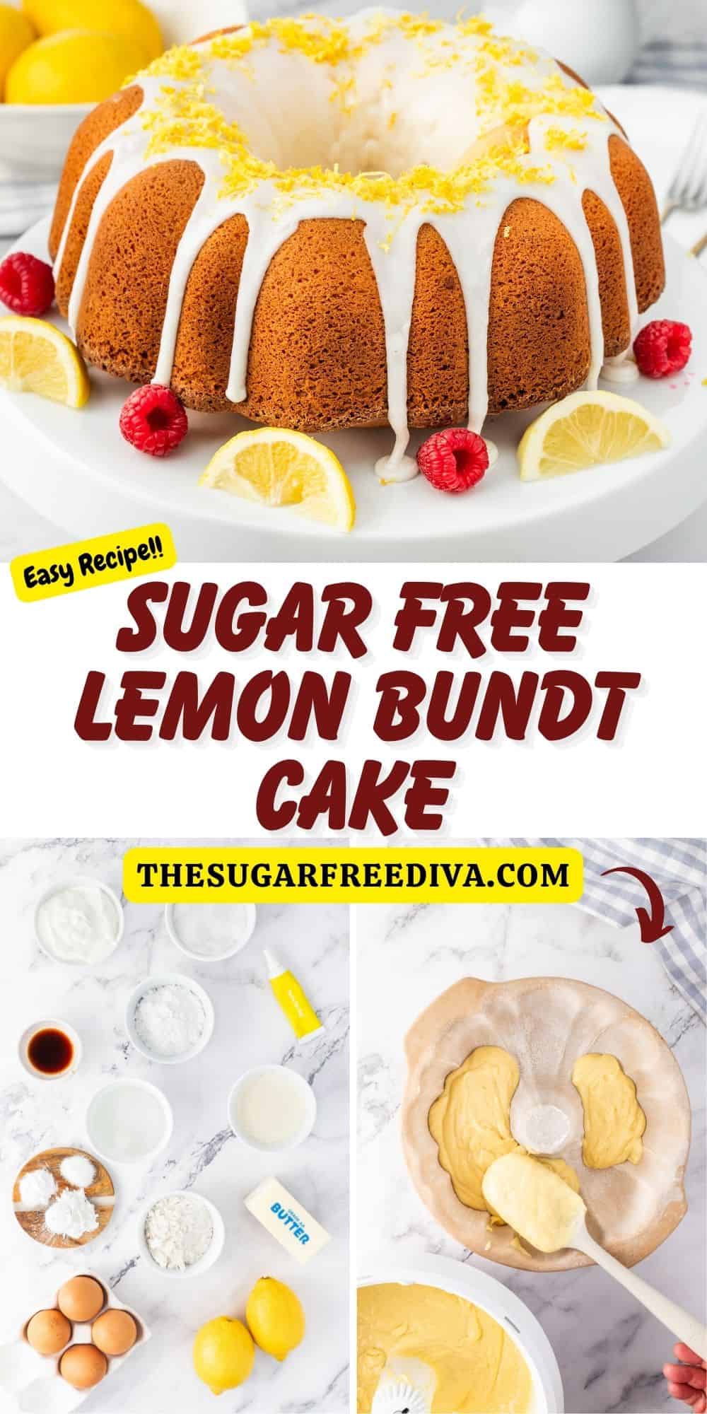 Sugar Free Lemon Bundt Cake, a delicious dessert or snack recipe made with fresh lemon juice and topped with a lemon glaze. No added sugar.