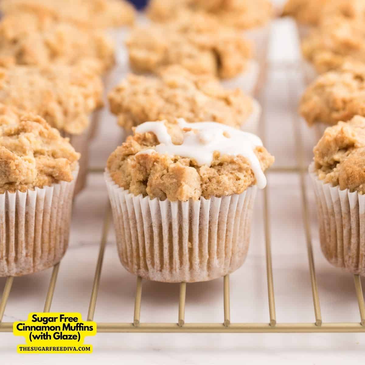 Sugar Free Cinnamon Muffins is a delicious breakfast recipe featuring a fluffy muffin topped with a crumble topping and glaze. No added sugar