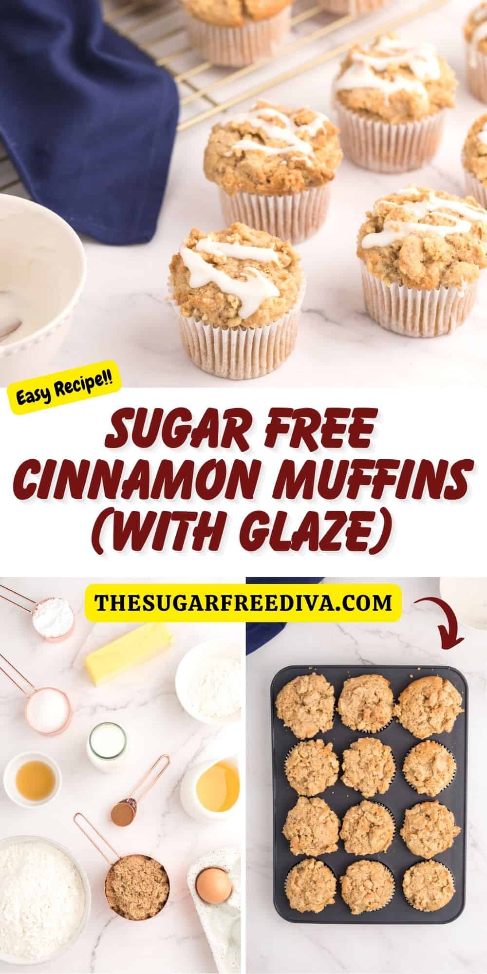 Sugar Free Cinnamon Muffins is a delicious breakfast recipe featuring a fluffy muffin topped with a crumble topping and glaze. No added sugar