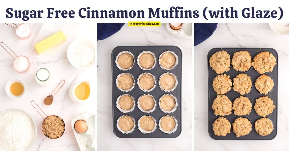 Sugar Free Cinnamon Muffins is a delicious breakfast recipe featuring a fluffy muffin topped with a crumble topping and glaze. No added sugar