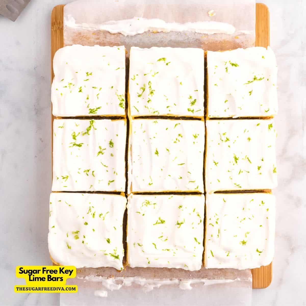 Sugar Free Key Lime Bars, a delicious layered dessert recipe made with a creamy tart filling on a buttery crust with no added sugar.