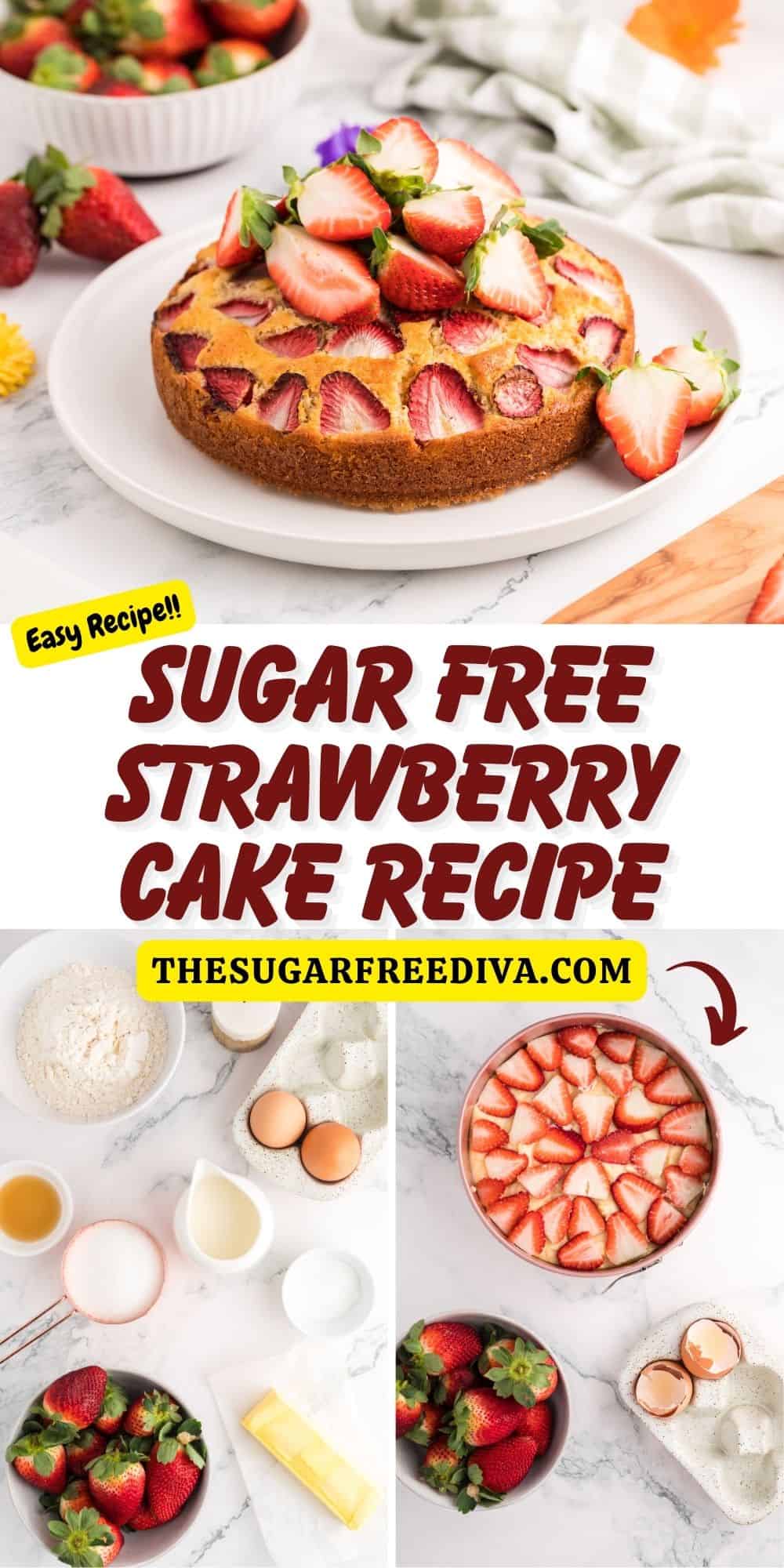 Sugar Free Strawberry Cake Recipe, a delicious and moist vanilla cake that is topped with fresh strawberries and made with no added sugar.