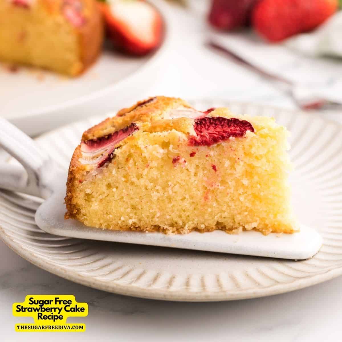 Sugar Free Strawberry Cake Recipe, a delicious and moist vanilla cake that is topped with fresh strawberries and made with no added sugar.