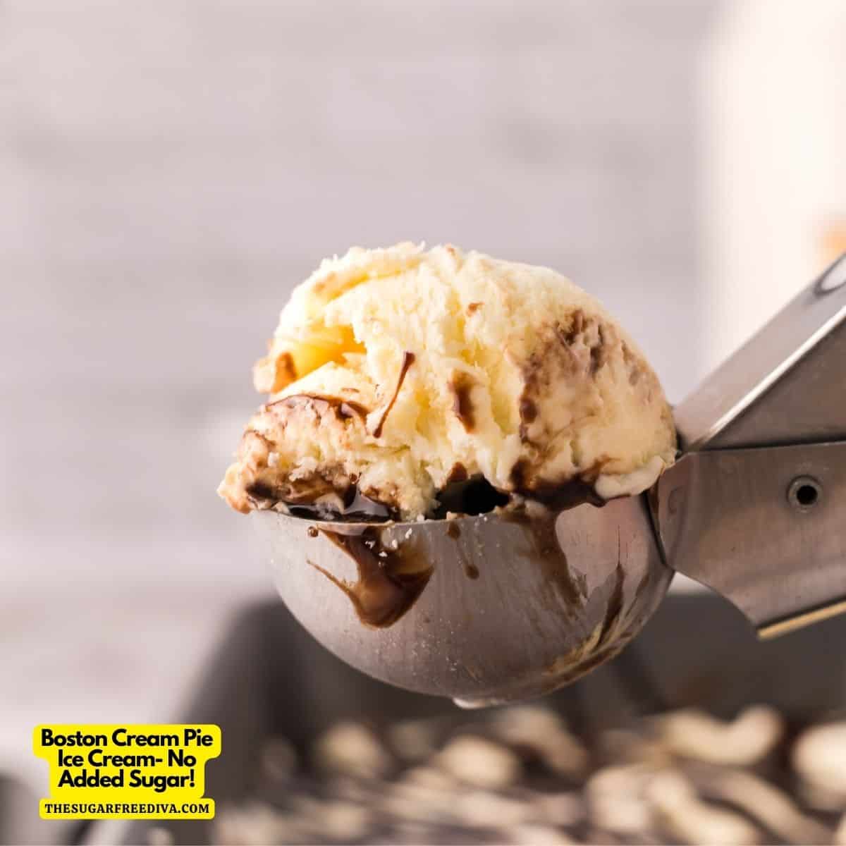 Boston Cream Pie Ice Cream, a simple no churn and delicious 5 ingredient No Added Sugar dessert recipe that tastes like the popular pie.