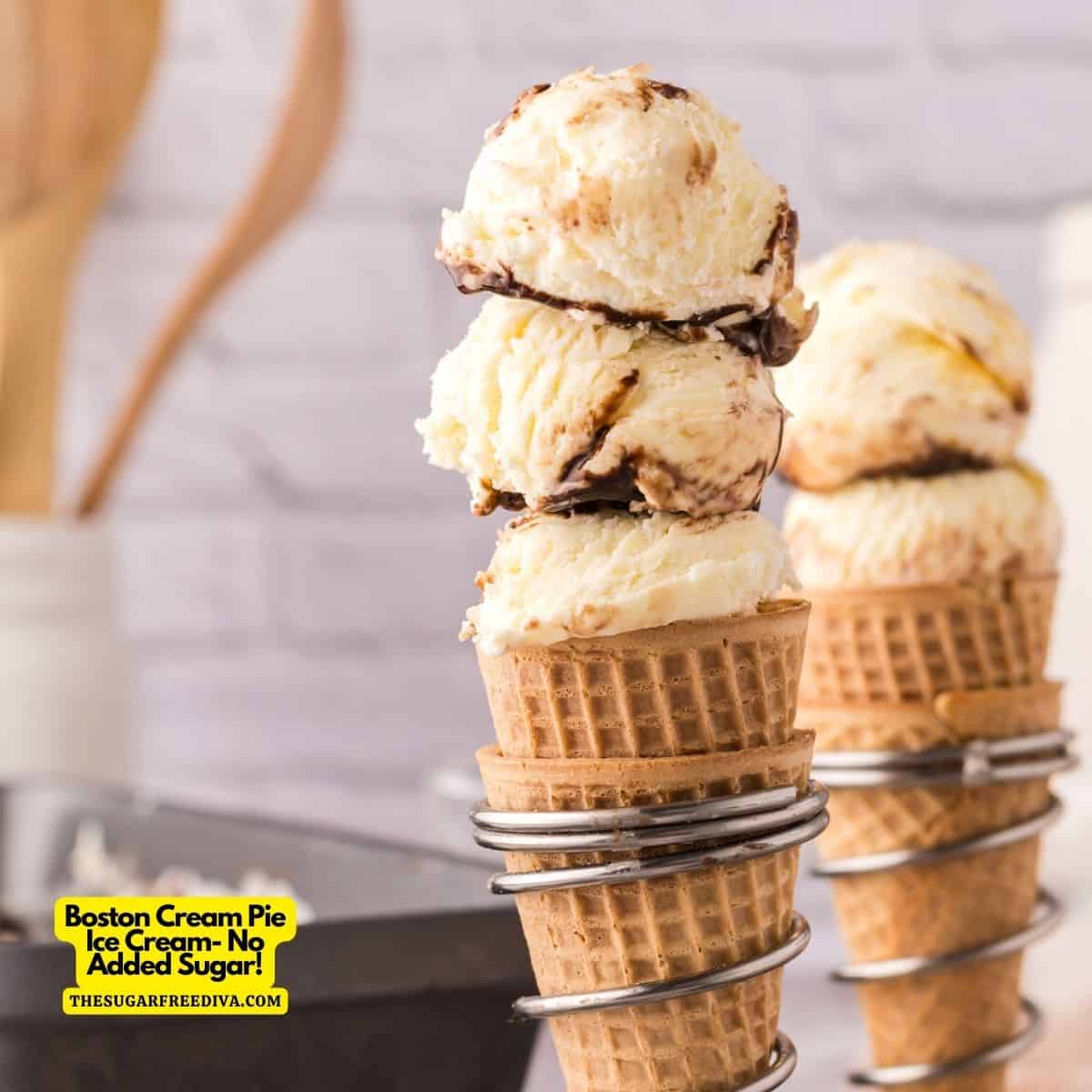 Boston Cream Pie Ice Cream, a simple no churn and delicious 5 ingredient No Added Sugar dessert recipe that tastes like the popular pie.