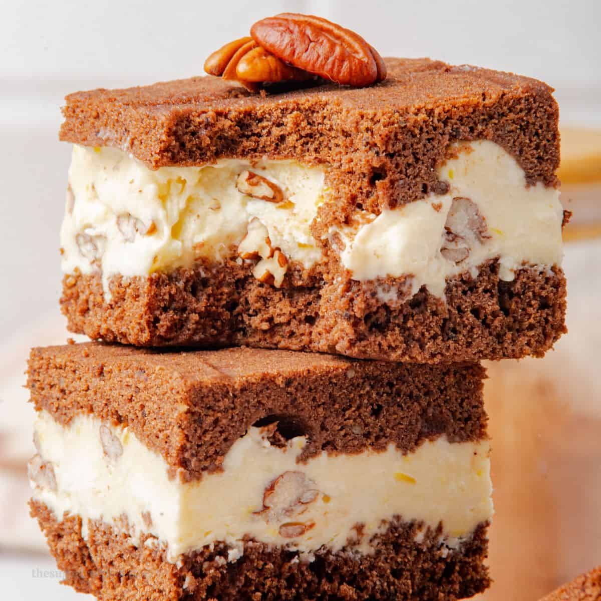 Sugar Free Pecan Ice Cream Sandwiches, a delicious keto low carb dessert friendly recipe featuring pecan ice cream stuffed between brownies.