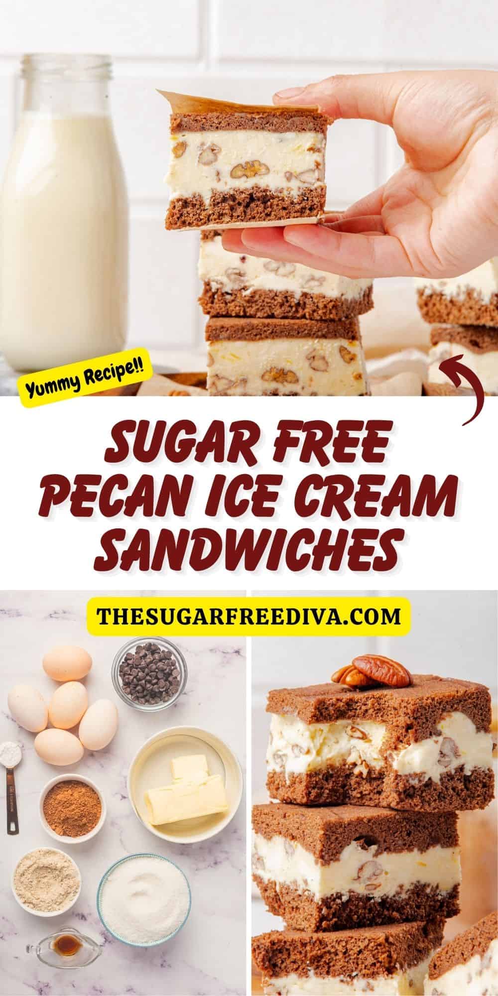 Sugar Free Pecan Ice Cream Sandwiches, a delicious keto low carb dessert friendly recipe featuring pecan ice cream stuffed between brownies.