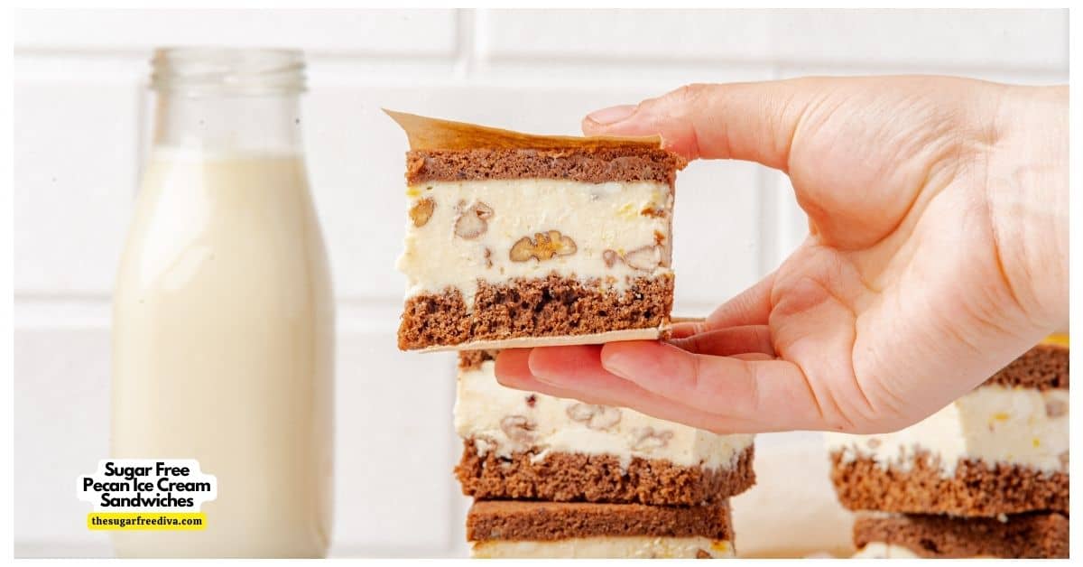 Sugar Free Pecan Ice Cream Sandwiches, a delicious keto low carb dessert friendly recipe featuring pecan ice cream stuffed between brownies. Sugar Free Pecan Ice Cream Sandwiches, a delicious keto low carb dessert friendly recipe featuring pecan ice cream stuffed between brownies.