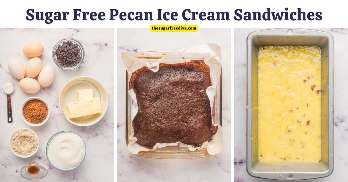 Sugar Free Pecan Ice Cream Sandwiches, a delicious keto low carb dessert friendly recipe featuring pecan ice cream stuffed between brownies.