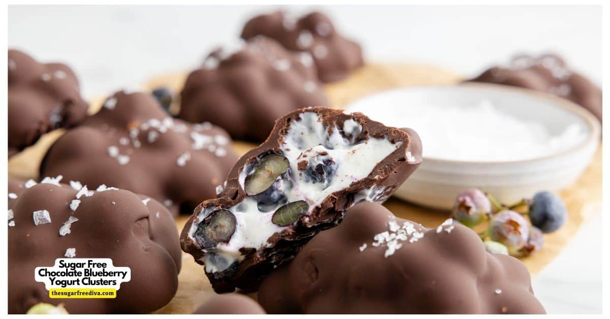 Sugar Free Chocolate Blueberry Yogurt Clusters, a simple and delicious snack or dessert recipe made with 5 ingredients and no added sugar. Sugar Free Chocolate Blueberry Yogurt Clusters, a simple and delicious snack or dessert recipe made with 5 ingredients and no added sugar