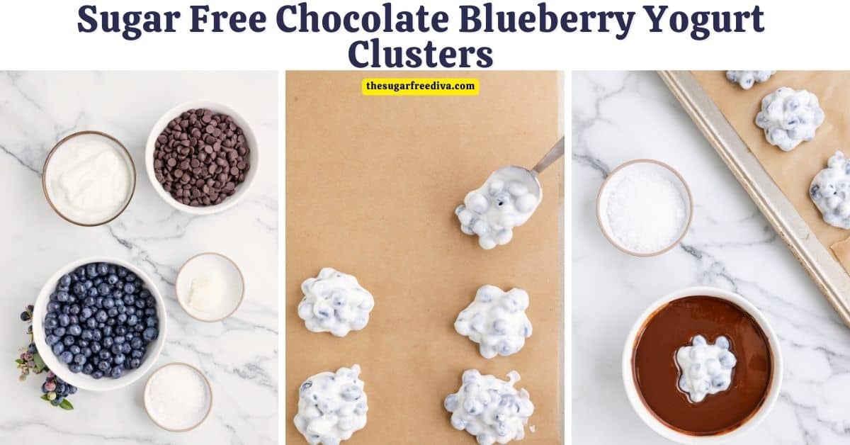  Sugar Free Chocolate Blueberry Yogurt Clusters, a simple and delicious snack or dessert recipe made with 5 ingredients and no added sugar