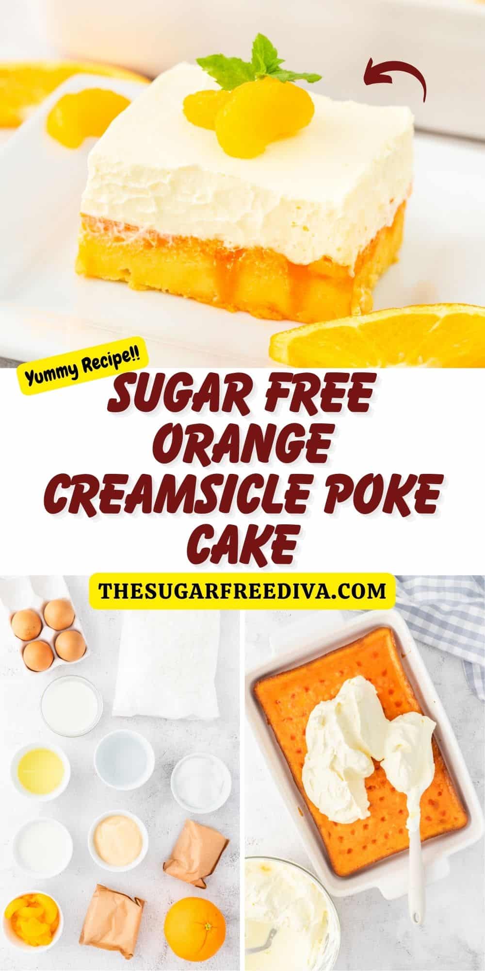 Sugar Free Orange Creamsicle Poke Cake, a delicious no added sugar three layered dessert recipe made with cake mix and gelatin.