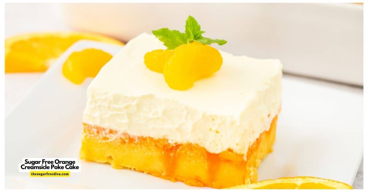 Sugar Free Orange Creamsicle Poke Cake, a delicious no added sugar three layered dessert recipe made with cake mix and gelatin. Sugar Free Orange Creamsicle Poke Cake, a delicious no added sugar three layered dessert recipe made with cake mix and gelatin.