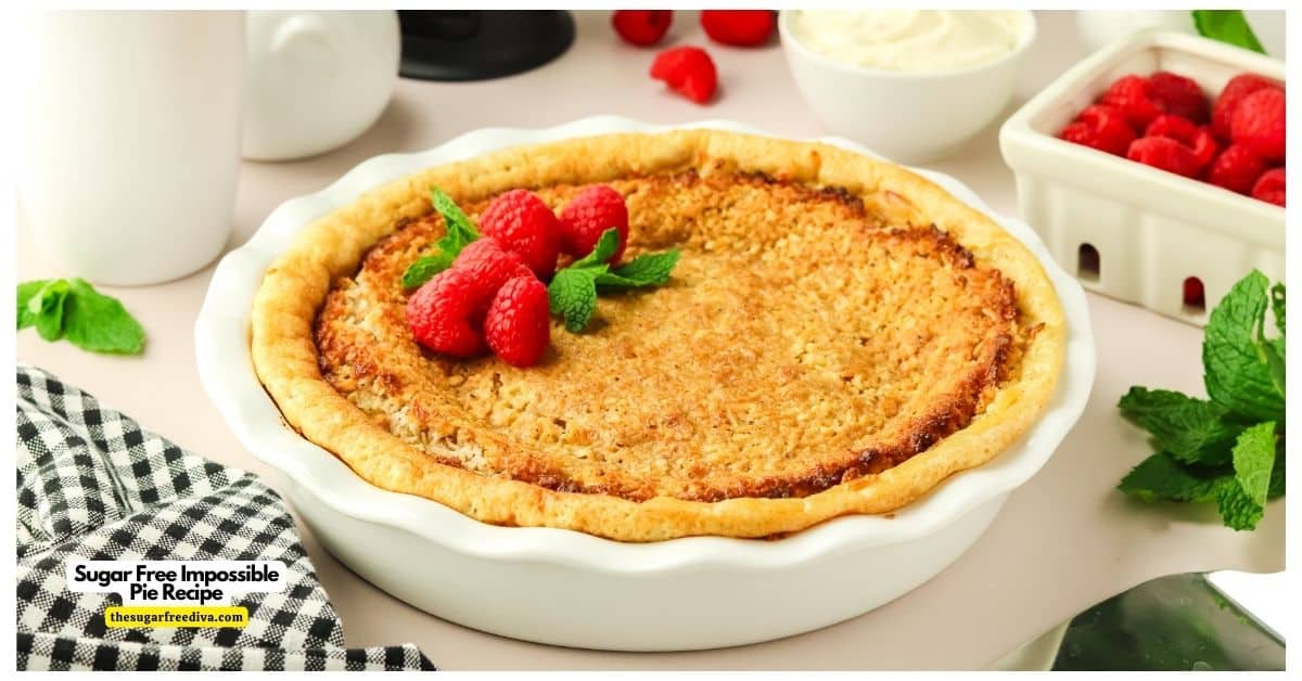 Sugar Free Impossible Pie Recipe, the easiest no bowl dessert recipe. Features a custard filling, toasted coconut topping and no added sugar. Sugar Free Impossible Pie Recipe, the easiest no bowl dessert recipe. Features a custard filling, toasted coconut topping and no added sugar.