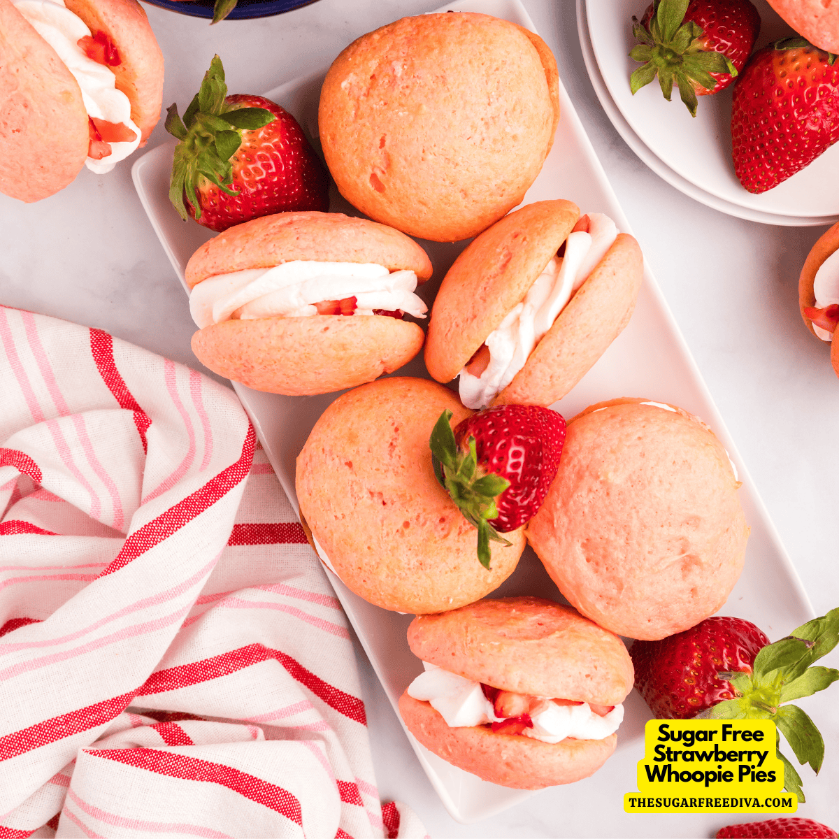 Sugar Free Strawberry Whoopie Pies, a delicious no added sugar dessert sandwich cookie recipe made with cake mix.