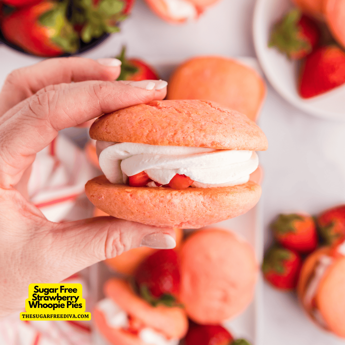 Sugar Free Strawberry Whoopie Pies, a delicious no added sugar dessert sandwich cookie recipe made with cake mix.