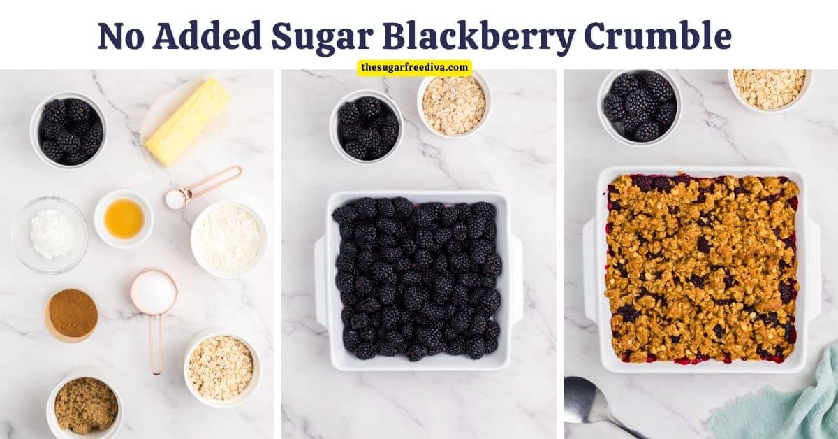 No Added Sugar Blackberry Crumble, a simple dessert recipe made with fresh blackberries and topped with a crumbly crust.