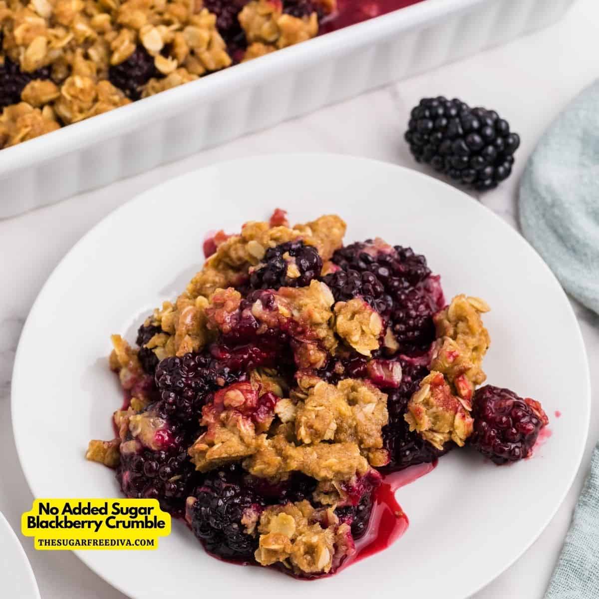 No Added Sugar Blackberry Crumble, a simple dessert recipe made with fresh blackberries and topped with a crumbly crust.