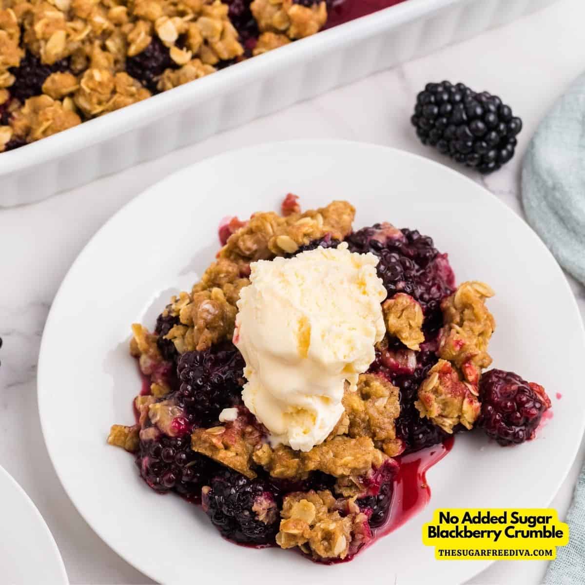 No Added Sugar Blackberry Crumble, a simple dessert recipe made with fresh blackberries and topped with a crumbly crust.