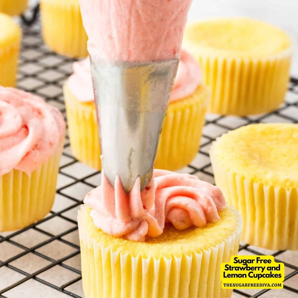 Sugar Free Lemon Cupcakes with Strawberry Frosting, a delicious recipe for moist and fluffy cupcakes topped with buttercream. No Added Sugar.