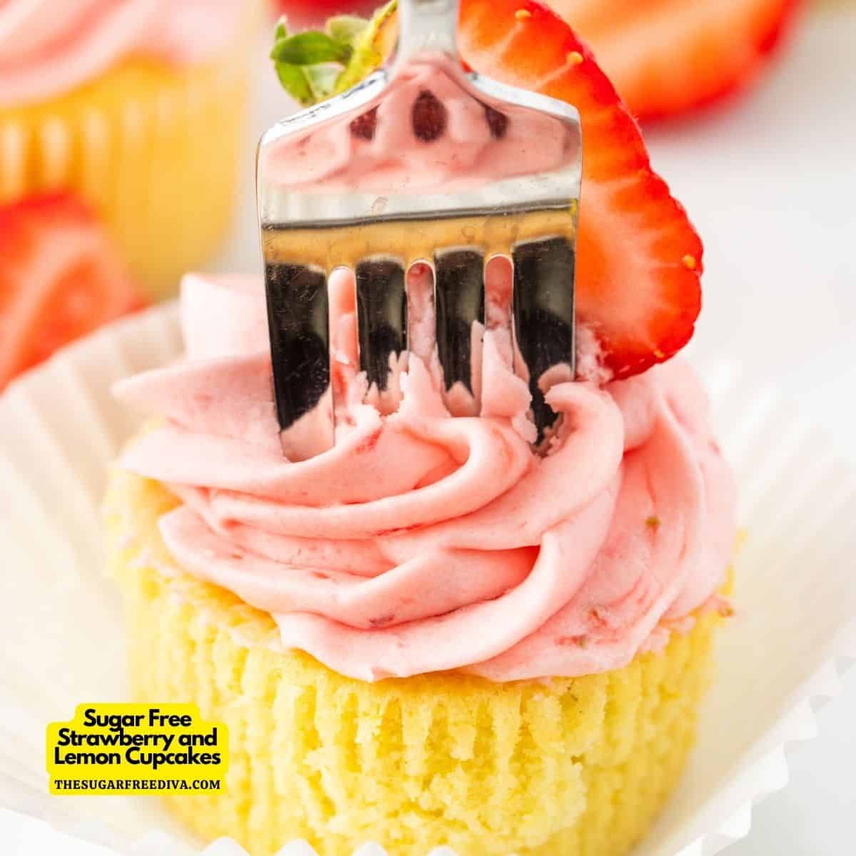 Sugar Free Lemon Cupcakes with Strawberry Frosting, a delicious recipe for moist and fluffy cupcakes topped with buttercream. No Added Sugar.