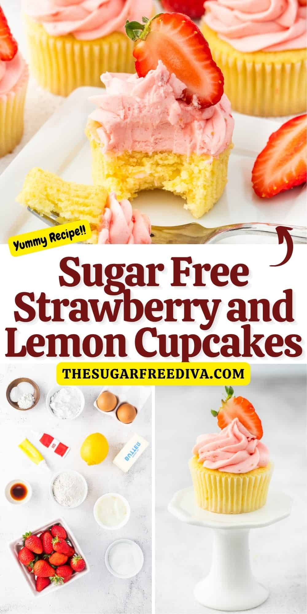 Sugar Free Lemon Cupcakes with Strawberry Frosting, a delicious recipe for moist and fluffy cupcakes topped with buttercream. No Added Sugar.