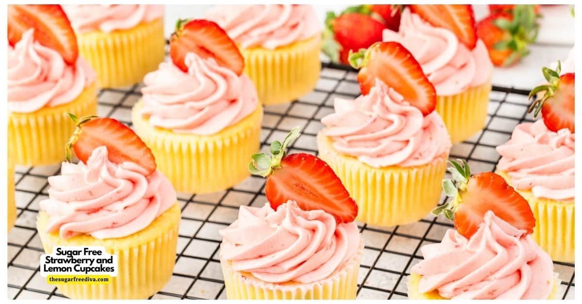 Sugar Free Lemon Cupcakes with Strawberry Frosting, a delicious recipe for moist and fluffy cupcakes topped with buttercream. No Added Sugar. Sugar Free Lemon Cupcakes with Strawberry Frosting, a delicious recipe for moist and fluffy cupcakes topped with buttercream. No Added Sugar.
