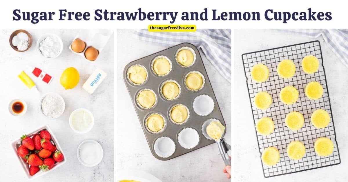 Sugar Free Lemon Cupcakes with Strawberry Frosting, a delicious recipe for moist and fluffy cupcakes topped with buttercream. No Added Sugar.