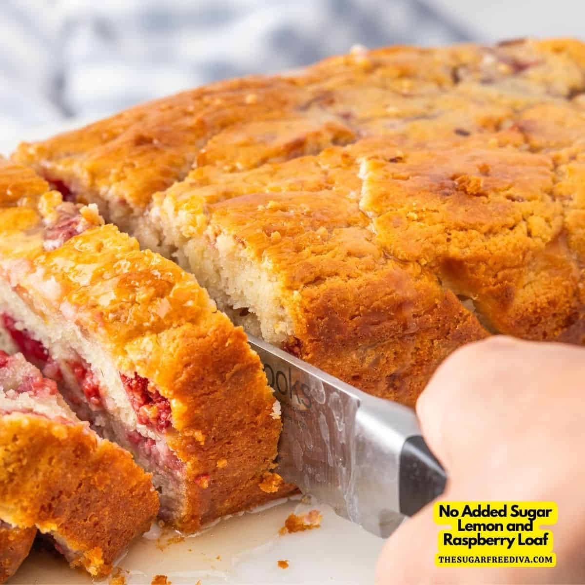 No Added Sugar Lemon and Raspberry Loaf, an easy dessert recipe for a moist cake dessert accented with berries and topped with a  glaze.
