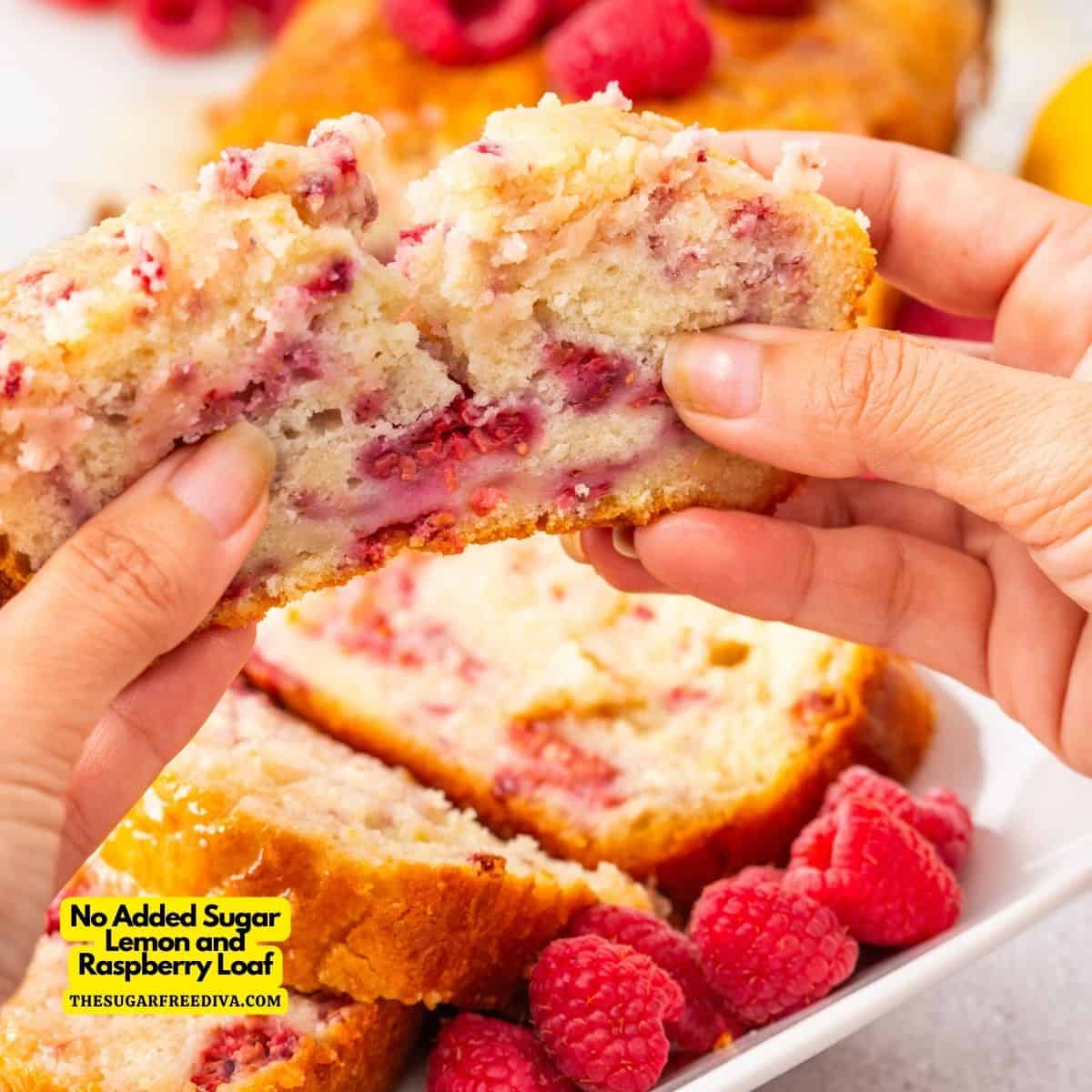 No Added Sugar Lemon and Raspberry Loaf, an easy dessert recipe for a moist cake dessert accented with berries and topped with a  glaze.