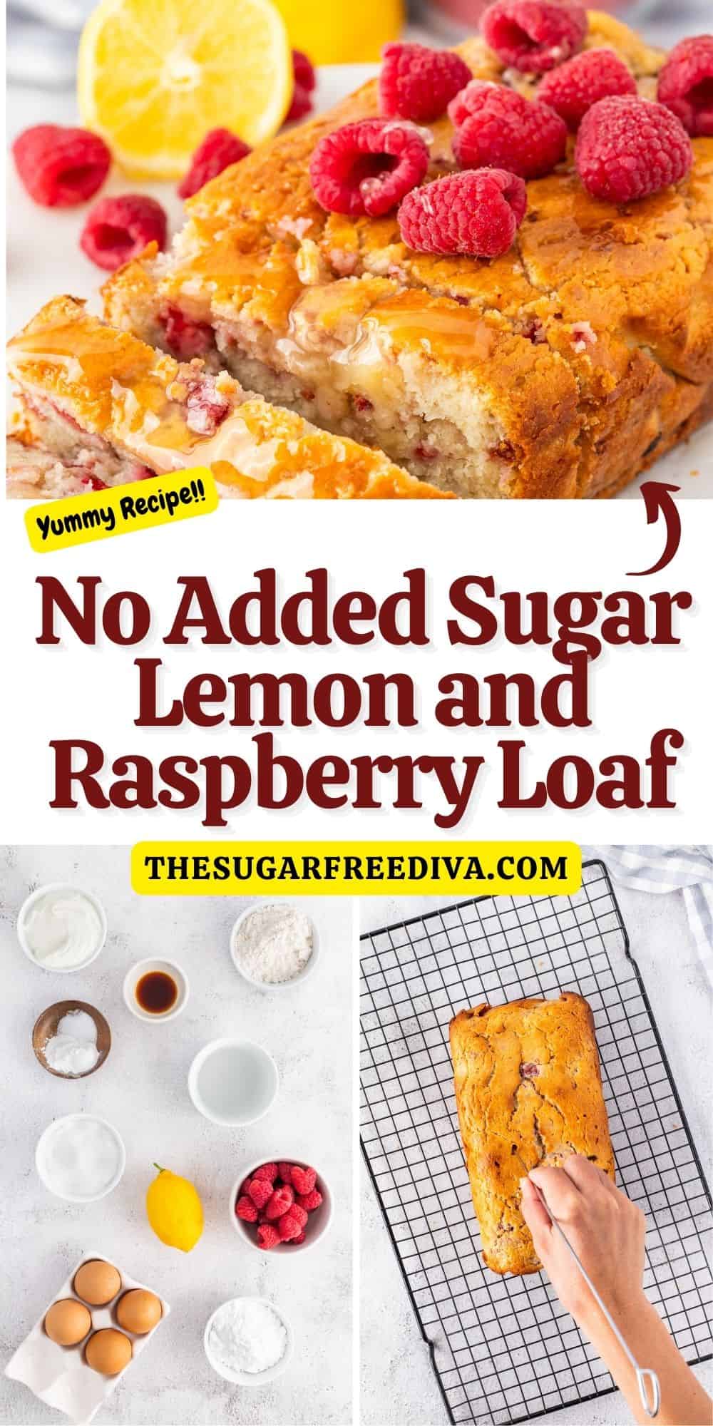 No Added Sugar Lemon and Raspberry Loaf, an easy dessert recipe for a moist cake dessert accented with berries and topped with a  glaze.