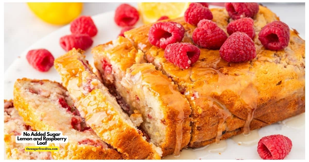 No Added Sugar Lemon and Raspberry Loaf, an easy dessert recipe for a moist cake dessert accented with berries and topped with a  glaze.