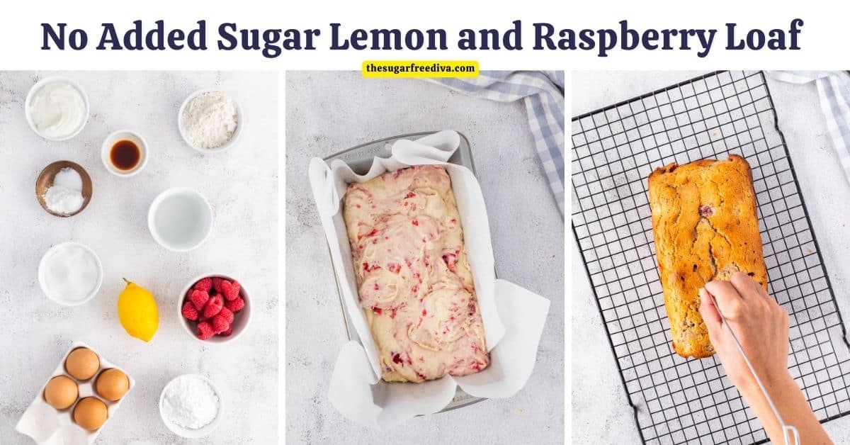 No Added Sugar Lemon and Raspberry Loaf, an easy dessert recipe for a moist cake dessert accented with berries and topped with a  glaze.