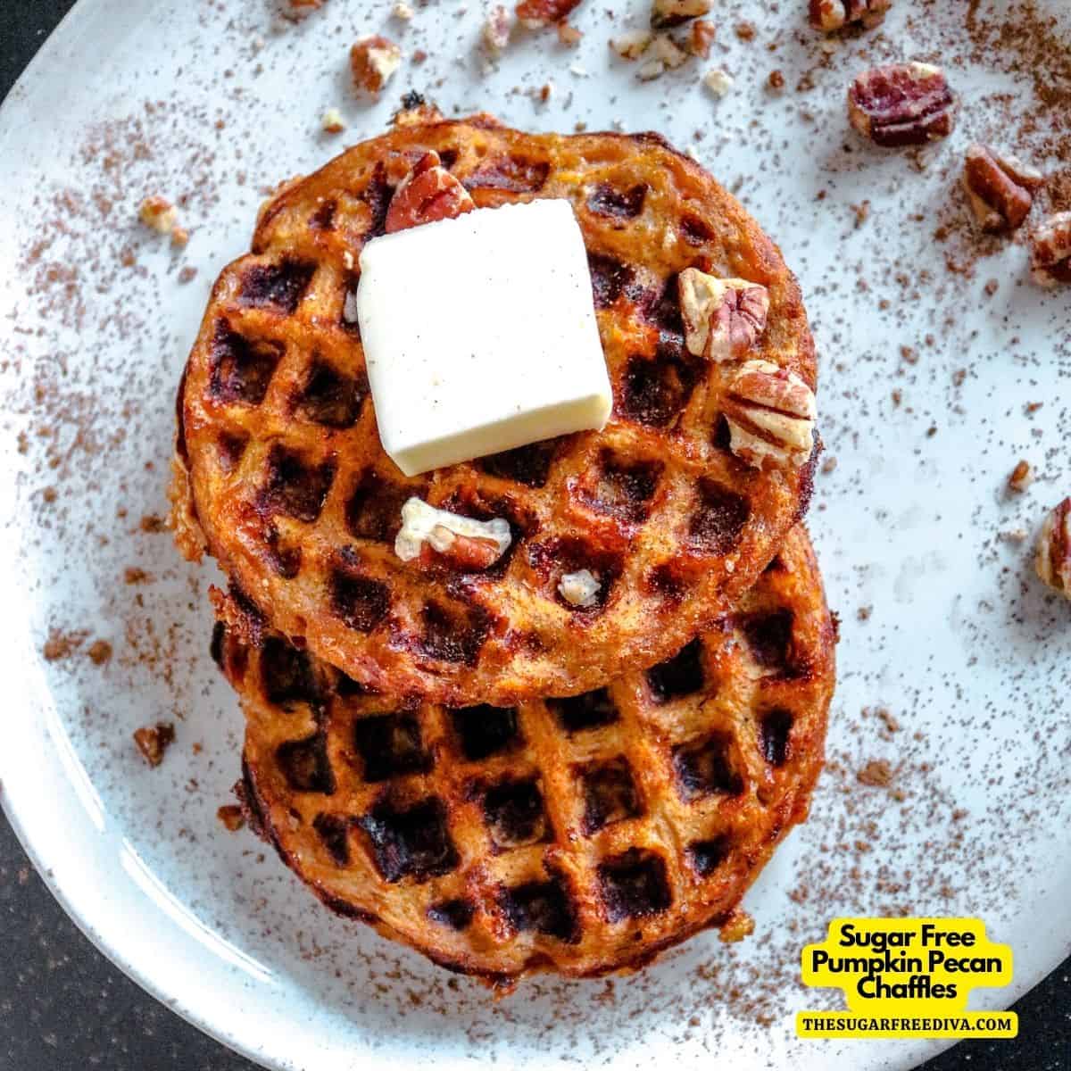 Sugar Free Pumpkin Pecan Chaffles, an easy breakfast recipe for waffles made with pumpkin puree and a buttery pecan topping. Keto, GF, SF
