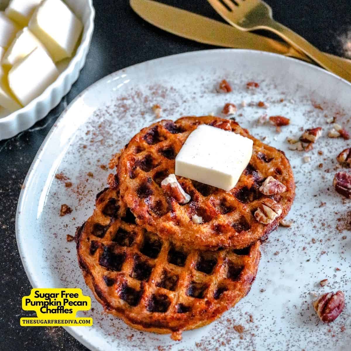 Sugar Free Pumpkin Pecan Chaffles, an easy breakfast recipe for waffles made with pumpkin puree and a buttery pecan topping. Keto, GF, SF