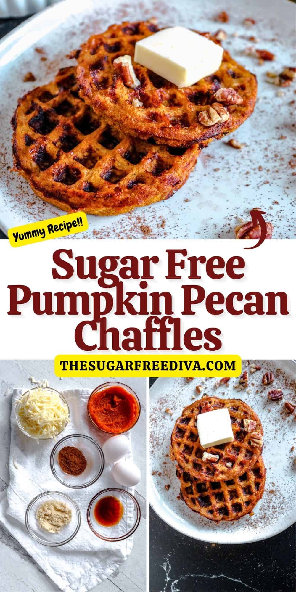 Sugar Free Pumpkin Pecan Chaffles, an easy breakfast recipe for waffles made with pumpkin puree and a buttery pecan topping. Keto, GF, SF